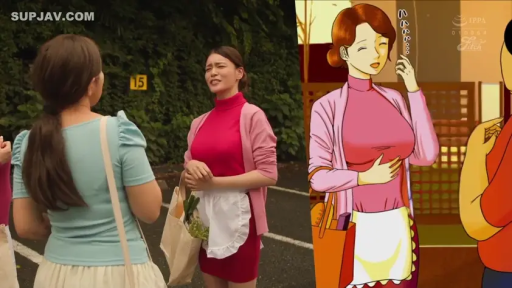 交谈 · 站立 · 中景 · 户外 · 围裙 · 购物袋 · 困扰 · 真人动漫对比