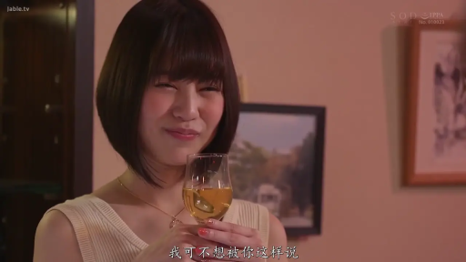 室内 · 微笑 · 酒杯 · 中文字幕 · 上半身特写 · 手持酒杯 · 品酒 · 米色无袖针织衫