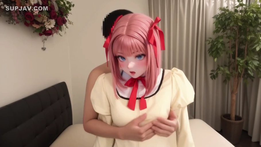 坐姿 · 角色扮演 · 卧室 · 上半身特写 · 互动行为 · 黄色连衣裙 · 面具表情 · 动漫人头面具