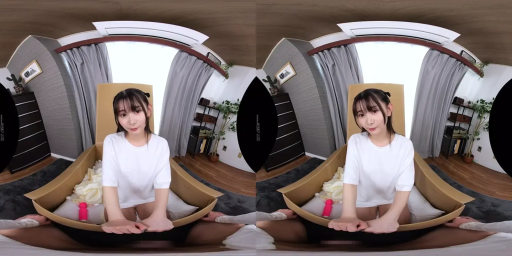 室内 · 互动 · 微笑 · 白色T恤 · 正面视角 · 粉色情趣用品 · 坐于箱中 · VR全景视角