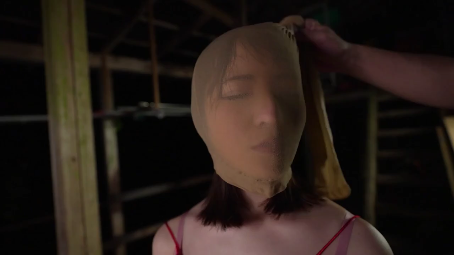 站立 · 暗室 · 面部特写 · 扭曲 · 恋物癖 · 红色吊带内衣 · 受虐行为 · 套头丝袜