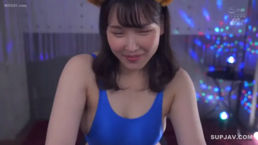 摄影棚 · 微笑 · 上半身特写 · 蓝色连体泳衣 · 猫耳头饰 · 彩色灯光