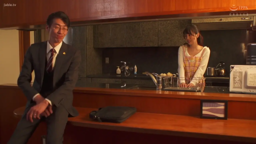 坐姿 · 微笑 · 对话 · 远景 · 厨房 · 围裙 · 公文包 · 人妻