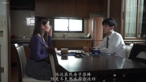 沉稳 · 中景 · 深色裙子 · 进食 · 碗筷 · 厨房餐厅 · 剧情铺垫 · 对坐姿势