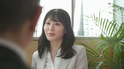 坐姿 · 会议室 · 中景 · 灰色西装外套 · 室内盆栽 · 商务交谈 · 得体微笑 · 职业女性形象