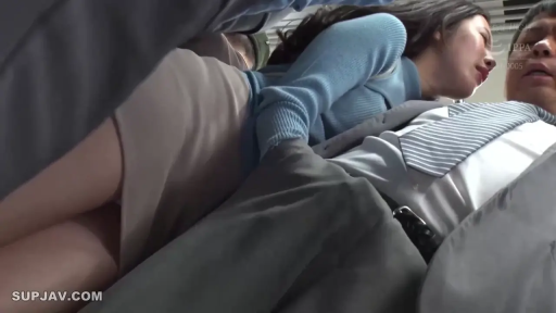 电车 · 局部特写 · 痴汉题材 · 猥亵行为 · 忍耐表情 · 站立紧贴 · 蓝色针织衫与西装