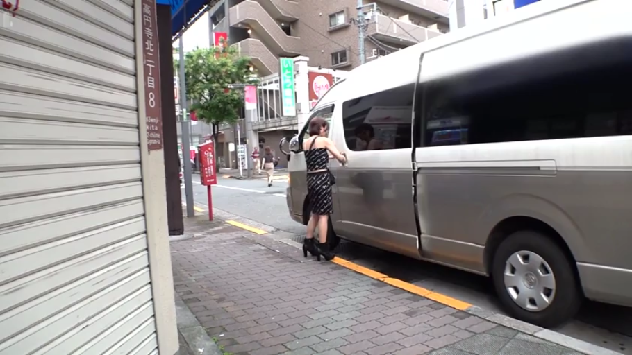 站立 · 远景 · 黑色连衣裙 · 户外 · 街头 · 面包车 · 上车