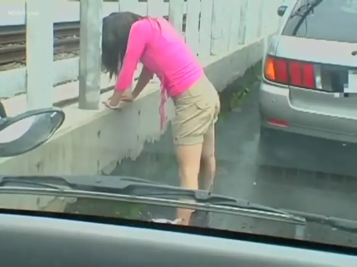 弯腰 · 户外路边 · 粉色上衣与短裤 · 随地小便 · 车内视角