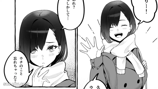 脸部特写 · 户外 · 兴奋 · 对话框 · 打招呼 · 黑白漫画 · 站立挥手 · 外套围巾