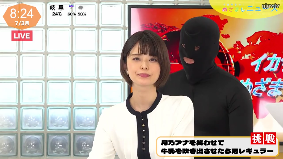 微笑 · 黑色全覆盖紧身衣 · 上半身特写 · 新闻演播室 · 正面站立 · 主持播报