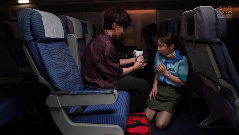 角色扮演 · 跪姿 · 惊恐 · 飞机客舱 · 平板电脑 · 空姐制服 · 威胁