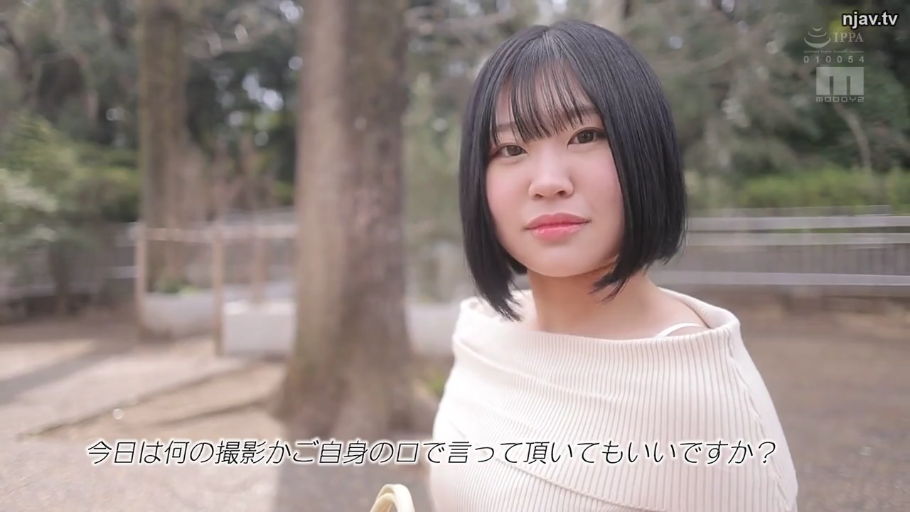 脸部特写 · 站立 · 手提包 · 注视镜头 · 短发 · 户外公园 · 自然表情 · 白色一字领针织衫