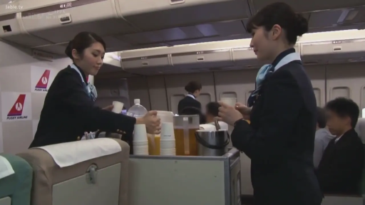 专注 · 站立 · 中景 · 多人 · 飞机客舱 · 空姐制服 · 分发服务 · 餐车水壶