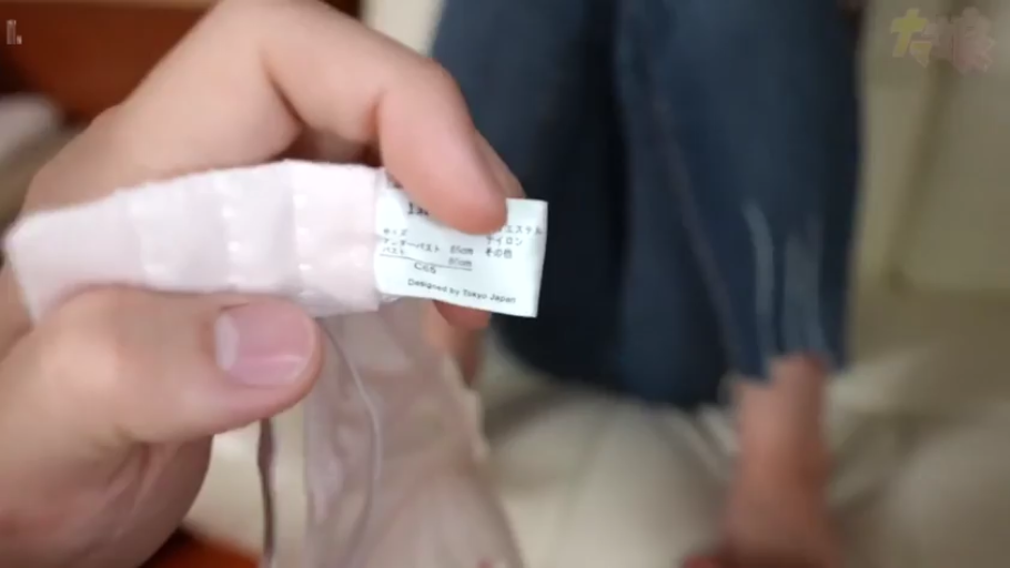 室内 · 第一人称视角 · 粉色文胸 · 手持 · 标签特写 · 展示标签 · 内衣标签