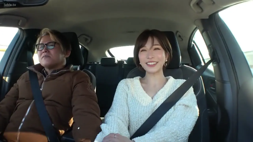 座り姿勢 · 中景 · 乘车 · 车内 · 笑容 · 自然光 · シートベルト · 白色针织衫