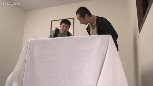 室内 · 好奇 · 休闲服饰 · 场景全景 · 站立俯视 · 两名男性 · 观察窥视 · 白色大布