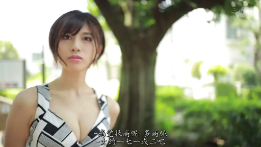 Standing Posture · 平静 · Chinese subtitles · 上半身特写 · Stare at the lens · 公园户外 · 背景树木 · 几何花纹连衣裙