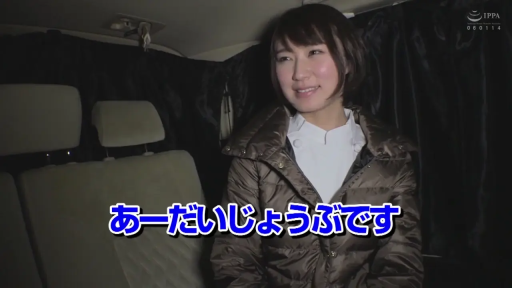 坐姿 · 微笑 · 棕色羽绒服 · 面部特写 · 车内 · 访谈 · 日文字幕 · 车窗帘