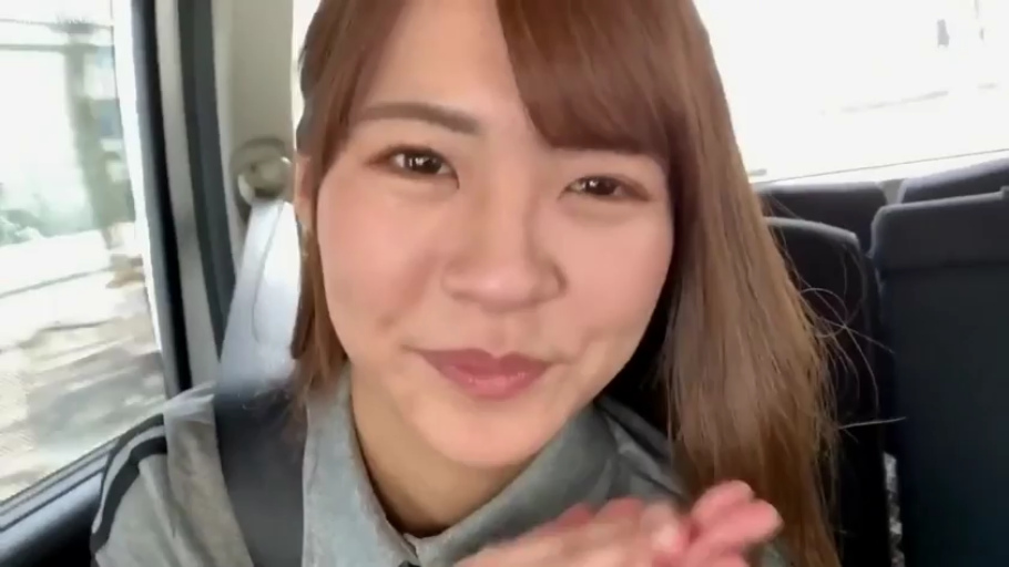 坐姿 · 脸部特写 · 微笑 · 车内 · 注视镜头 · 安全带 · 棕色长发 · 灰色长袖上衣