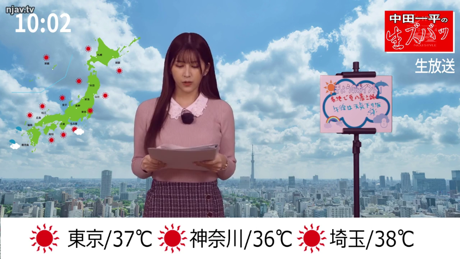 集中 · 站姿 · 半身 · 文稿 · ピンクのニットセーター · 气象播报室 · 播报天气 · 气象主播