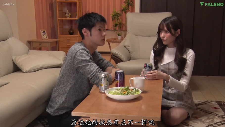 字幕 · 客厅 · 餐桌 · 远景 · 平淡 · 对坐 · 用餐 · 格子连身裙