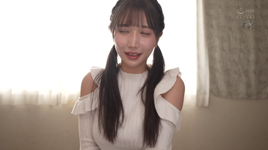 Half-body close-up · 注视镜头 · Twin tails · Curtain · 温柔微笑 · Forward Sitting Posture · 室内窗前 · 白色露肩荷叶边上衣