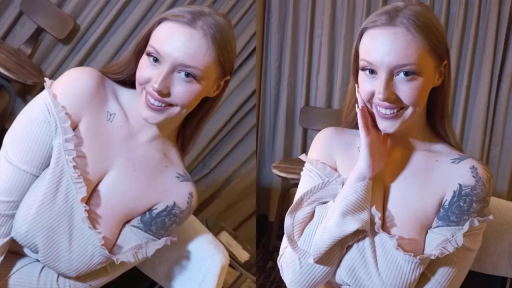 坐姿 · 酒店房间 · 座椅 · 白色露肩装 · 乳沟 · 微笑挑逗 · 摆拍展示 · 肩膀纹身