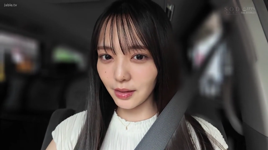 坐姿 · 臉部特寫 · 微笑 · 车内 · 注视镜头 · 安全帶 · 白色褶皱上衣 · 黑长直