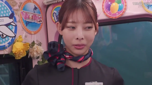 坐姿 · 脸部特写 · 平静 · 凝视 · 胸卡 · 车厢内 · 乘务员制服 · 卡通贴纸