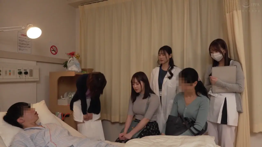 严肃 · 病房 · 病床 · 护士服 · 站立 · 全景 · 多人 · 探视