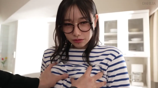Close-up of the face · Smile · Kitchen · Standing posture · Black-rimmed glasses · Striped Long Sleeve · Grabbing breasts with both hands · Close-up shot