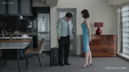 严肃 · 行李箱 · 全景 · 面对面站立 · 对峙 · 室内厨房 · 浅蓝色无袖连衣裙