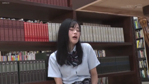 Sitting Posture · Medium shot · Intoxicated · Bookshelf · Student uniform · 制服诱惑 · Library · 自慰感