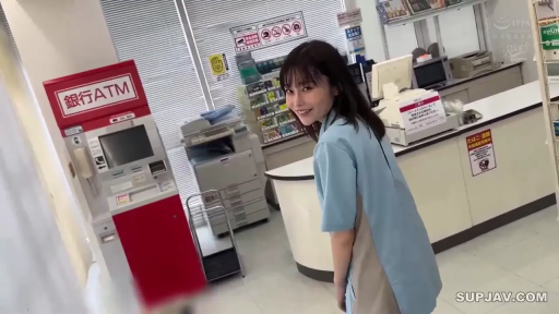 Medium shot · Smile · 便利店 · 职场诱惑 · 便利店制服 · 侧身站立 · 回头看 · ATM机