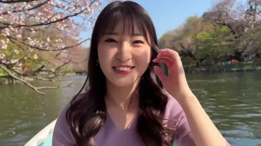 坐姿 · 面部特写 · 紫色针织衫 · 甜美微笑 · 撩头发 · 户外日光 · 公园湖泊 · 手划船