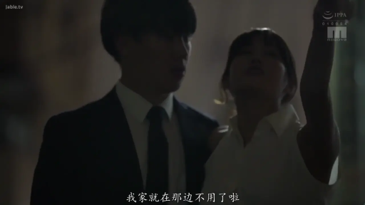 严肃 · 中景 · 黑色西装 · 中文字幕 · 并排站立 · 互动交流 · 室内昏暗环境