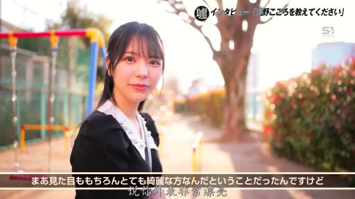 站姿 · 微笑 · 面对镜头 · 公园 · 胸部以上 · 秋千 · 黑白拼接上衣 · 中日双语字幕