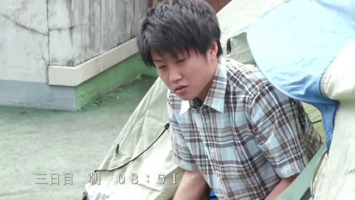 坐姿 · 疲惫 · 中景 · 户外 · 低头沉思 · 日光 · 帐篷 · 蓝白格子衬衫