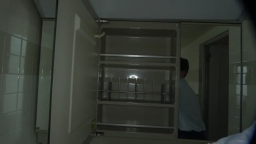 站姿 · 洗手间 · 模糊 · 蓝色衬衫 · 暗光环境 · 柜内视角 · 在镜后出现 · 镜柜