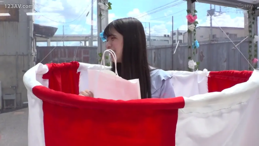 站立 · 微笑 · 半身 · 屋外 · 浅蓝色上衣 · 手提袋 · 展示礼品