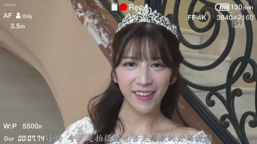 新娘 · 脸部 · 站立 · 录影 · 室内楼梯 · 灿烂笑容 · 白色婚纱 · 皇冠