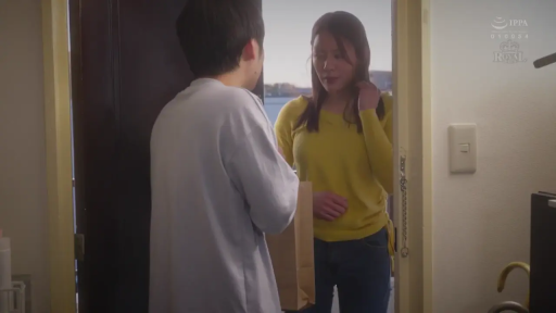 会話 · 站立 · 中景 · 自然 · プロット · 黄色毛衣 · 门口 · 纸袋