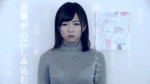 室内 · 忧郁 · 字幕 · 半身 · 注视 · 灰色高领毛衣 · 正面站立 · 墙上画作