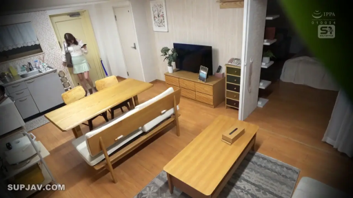 站立 · 平静 · 厨房 · 电视 · 远景 · 看手机 · 偷拍视角 · 白衣绿裙