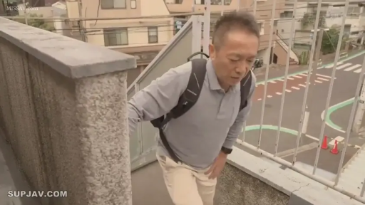 全身 · 行走 · 平淡 · 中年男性 · 双肩背包 · 灰色POLO衫 · 户外天桥 · 上楼梯