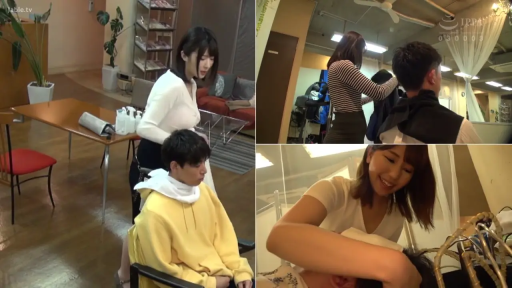 俯身 · 中景 · 微笑 · 理发 · 紧身白衣 · 理发店 · 围布