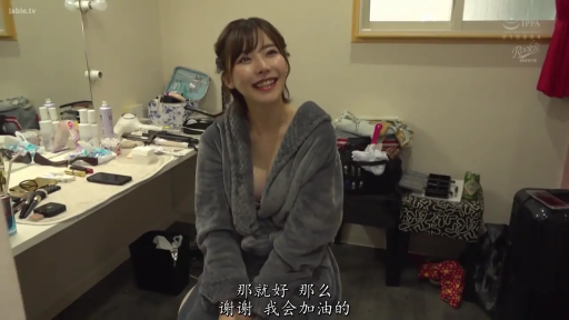 坐姿 · 交谈 · 中景 · 灿烂笑容 · 灰色浴袍 · 化妆品 · 化妆间