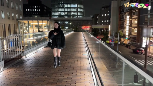 全身 · 黑色皮草 · 都市夜景 · 黑色单肩包 · 自然微笑 · 户外天桥 · 正面向前行走 · 街头散步