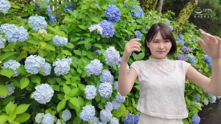 面部 · 甘美 · 站姿 · 白いレースの上衣 · 侧头微笑 · 绣球花丛 · 绣球花