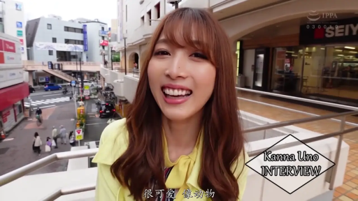 脸部特写 · 站立 · 微笑 · 接受采访 · 室外街道 · 白天 · 黄色上衣 · 屏幕文字